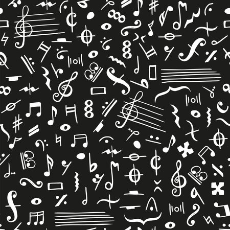 Doodle seamless pattern with hand drawn music notes on black background. Wrapping paper, textile, designのイラスト素材