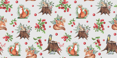 Watercolor seamless pattern with cute animals, forests pattern, baby Wallpapers. tit bird, chipmunk,...