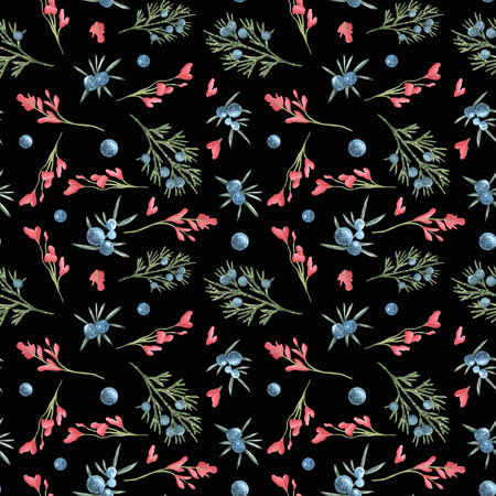 Forest watercolor juniper seamless pattern with red leaves of blueberry on black background . can be...