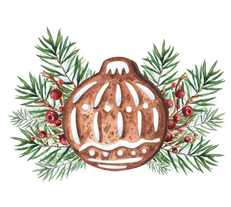 Watercolor gingerbread ball cookie with fir branches and winter berries isolated on white background. Watercolour Christmas food illustration. For decor, textile, packaging, dishes.の写真素材