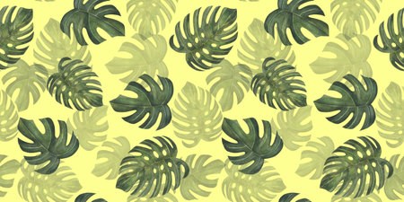 Tropical leaves pattern on yellow background. Green leaf monstera seamless. Artistic photo collage for floral print. For textile, paper, design, fabricの写真素材