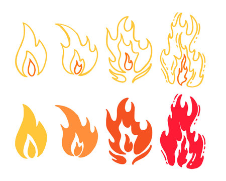 Hand drawn flames doodle set. Collection of pen ink pencil drawing sketches of fire twinkles isolated on transparent background. Illustration of nature phenomenon.のイラスト素材