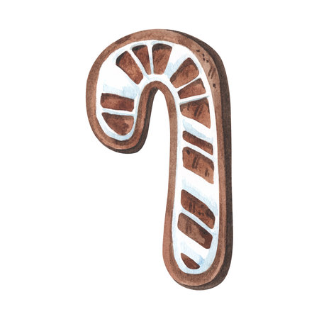 Set of gingerbread cookie in shape of candy cone stick .Watercolor hand painted illustration isolated on white background. For design, packaging, print.の写真素材