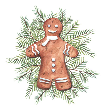 Set of gingerbread cookie in shape of christmas man with thuja branches .Watercolor hand painted...