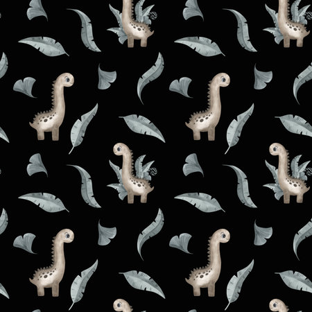 Cute little cartoon watercolor seamless pattern dinosaur - hand drawn illustration. Isolated on white. Nice character, leaves, texture. Sticker, textile, nursery design.の写真素材