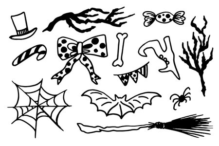 Hand drawn Halloween traditional symbols. Doodle style illustrations: spider webs, broom, bat, bow, boot, grim reaper, black branch. Isolated vector on whiteのイラスト素材