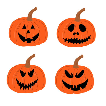 Set of scary pumpkins on white background. Jack-o-Lantern. Orange pumpkin with smile for your design for the holiday Halloween. Vector illustration.のイラスト素材