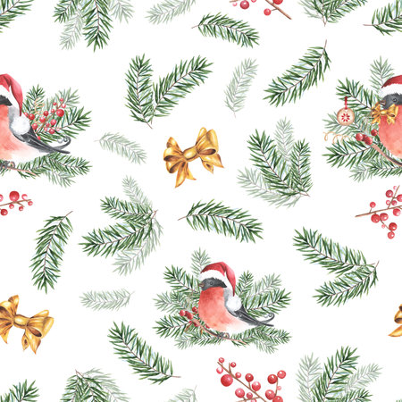 Bullfinch bird in santa claus red hat winter seamless pattern. Watercolor illustration. Hand drawn bullfinch bird, fir tree branch, red berries, pine nature. Forest songbird. isolated White backgroundの写真素材