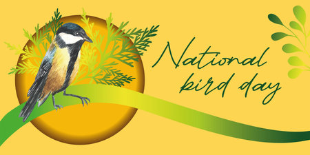 National Bird Day Vector Illustration on white background. Suitable for greeting card poster and banner. papercut and watercolor style vector. Tit birdのイラスト素材