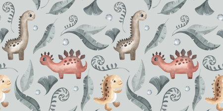 Cute little cartoon watercolor seamless pattern dinosaur - hand drawn illustration. Isolated on white. Nice character, leaves, texture. Sticker, textile, nursery design.の写真素材
