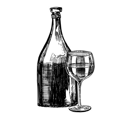 Hand drawn sketch of a bottle of whine with a glass of wine on a white background. Bottle of red, white, pink wine. Bottle of wine for a picnicのイラスト素材