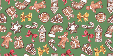 Seamless Christmas pattern. Hand drawn watercolor illustration. New Years wallpaper with ginger...