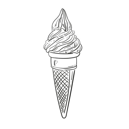 Ice cream cone line art sketch black and white. Coloring page hand drawn stock vector illustration. For web, design, advertisementのイラスト素材