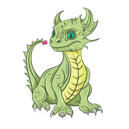 A cute cartoon green dragon holds . New year 2024 animal vector illustration on white background. Nice nursery. For calendars, cards, design, interior.のイラスト素材