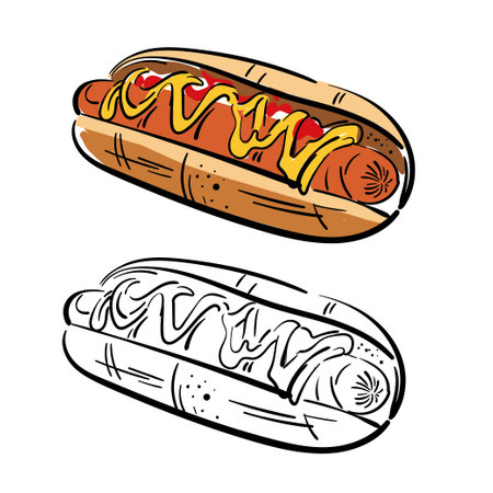 Vector illustration. Hand drawn doodle of hot dog with mustard. Unhealthy junk food. Cartoon sketch. Decoration for menus, signboards, showcases, greeting cards, posters, wallpapersのイラスト素材