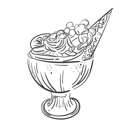 Hand drawn sketch vector illustration of three ice cream dessert balls in glass bowl with a cone and CANDY ORANGE, mrshmallow. For menu, design, flyer,のイラスト素材