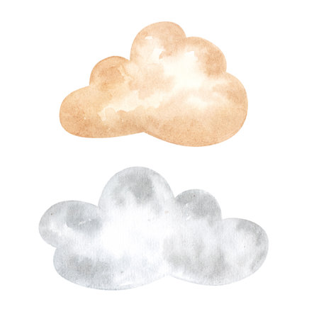 grey and beige watercolor clouds set of elements. Hand drawn illustrations isolated on white background. For nursery design, stickers, fabricの写真素材