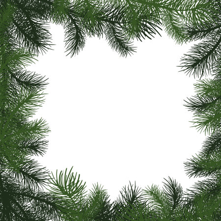 Merry christmas card with text and christmas tree square frame, vector illustration. Realistic fir-tree branches, sketch isolated on white. Christmas card, designのイラスト素材