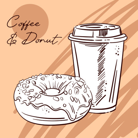 Sketch hand drawn vector illustration of takeaway disposable Coffee paper cup with Donut. Isolated on beige background. For menus, design, flyers, advertising.のイラスト素材
