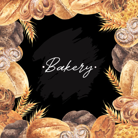 Bread and wheat watercolor square frame. Hand drawn illustrations of buns, loafs , pies, ears of wheat isolated on white background. For bakery, design, flyer, advertising, bannerの写真素材