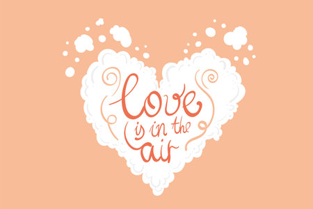 Peach Fuzz Heart clouds made float over pink sky,hand drawn style. puffy heart with text for saint valentines day.のイラスト素材