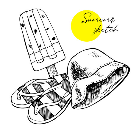 Cute summer sketch design elements. Vector illustrations of flip flops, hats and beach bags, seashells, ice cream in black and white linear style.のイラスト素材