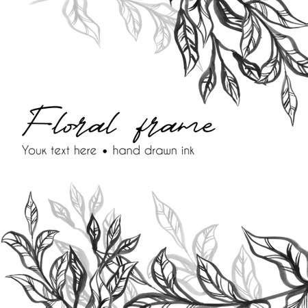 Frame corners branch and leaves collection. Floral hand drawn ink vintage set. Sketch line art illustration. Element design for greeting cards and invitations of the wedding, birthdayのイラスト素材