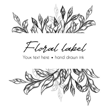 Label with branch and leaves collection. Floral hand drawn ink vintage set. Sketch line art illustration. Element design for greeting cards and invitations of the wedding, birthdayのイラスト素材