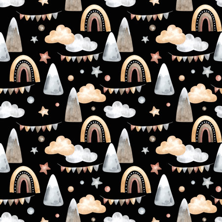 Seamless pattern with Mountains and Rainbows for Baby shower in pastel colors. Hand drawn watercolor pattern with clouds and stars for kid fabric on isolated background. Drawing for childish design.の写真素材