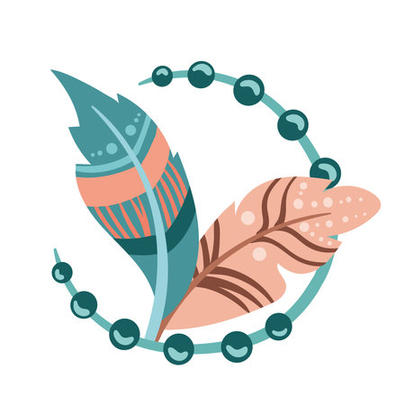 Tribal feathers, boho ethnic stylized bird round composition. Flat cartoon elegant colorful bohemian feathering, indigenous vector illustration. Vivid and bright accessory for decoration isolatedのイラスト素材