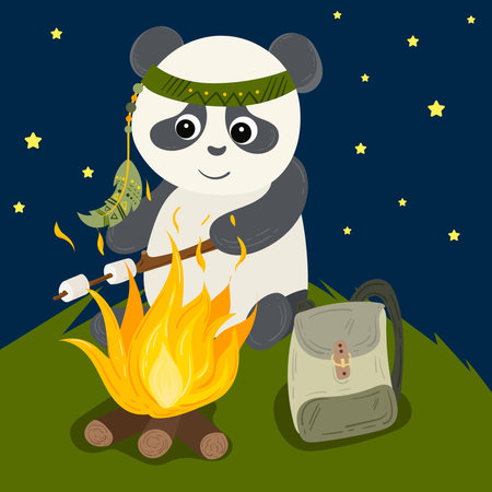 A cute camping panda vector illustration. Little bear sitting in front of bonfire with marshmallow and backpack. Starry sky nuery scenery. For cards, calendars, design, notebooksのイラスト素材