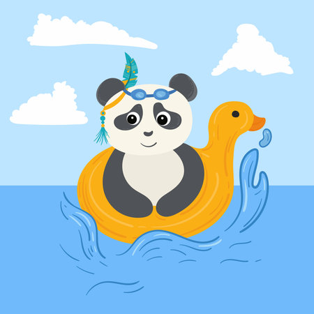 illustration of panda swimming with rubber duck tube in the sea boho style tribal illustratiom. Summer day at the shore. For cards, calendars, design, notebooks.のイラスト素材