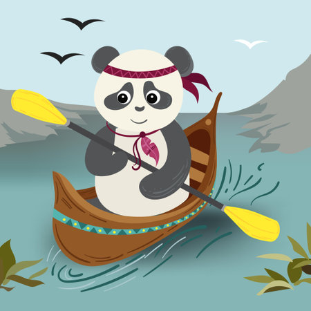 A panda is floating on a boat in the river water. The panda bear is engaged in water sports, rowing in canoe. Boho tribal illlustration flat style. Summer, springのイラスト素材