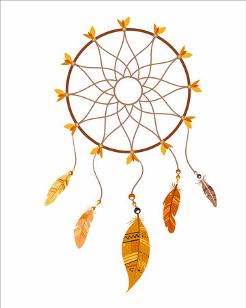 Colorful and contour dreamcatcher. Flat vector. Isolated. Autumn orange colors feathers boho indian tribal illustration. For design , flyer, calendarのイラスト素材
