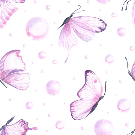Seamless pattern with pink bright watercolor butterflies on white backdrop. Hand drawn insects design ideal for fabric textile or scrapbooking, paperの写真素材