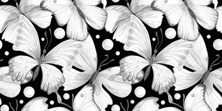 Seamless pattern with white grey watercolor butterflies on black backdrop. Hand drawn insects design ideal for fabric textile or scrapbooking, paperの写真素材