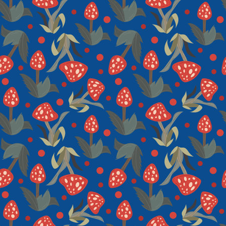 Seamless pattern design fly agaric red with cute mushroom. Flat illustraion. Childish print for wrapping paper, party invitation and dark blue background.のイラスト素材