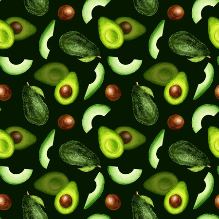 Avocado seamless pattern. Avocado tropical fresh fruit hand draw watercolor illustration digital. Black background.の写真素材