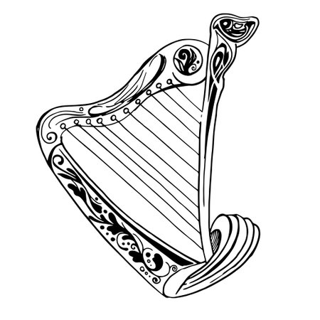Harp music instrument. Vector sketch black illustration isolated on white background. St patricks day floral elements design. fantasyのイラスト素材