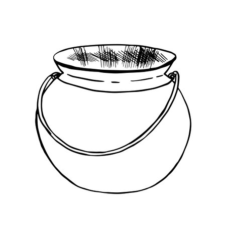 Money treasure of leprechaun, pot sketch doodle vector illustration. Cartoon isolated cauldron, magic pot boiler. Witch cauldronのイラスト素材
