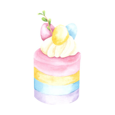 Watercolor easter cake with easter eggs, traditional holiday design happy menu, cafe concept. Bright...
