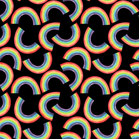 Seamless childish watercolor pattern. Colorful rainbow kids background. Perfect for textile, fabric, wrapping paper, linens, wallpaper. Hand drawn illustration on black backgroundの写真素材