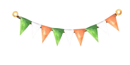 Watercolor drawing of festive tricolor flag bunting. Orange, green and white colors. Hand drawn watercolour painting, cut out clip art elements for design decoration isolated on white background.の写真素材