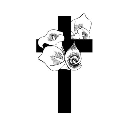 Vector Flower Cross, Floral Easter cross. Faith Cross, Religious Vector illustration. Funeral black illustration with calae lillies flowers. For sympathy cards, design sketchのイラスト素材