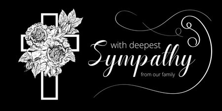 Modern condolences card with sketch of roses flowers. Memories and funeral template design. Hand drawn floral arrangement. For flyers, invitations. Black background. bannerのイラスト素材