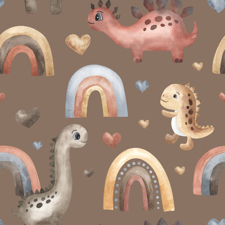 Cute dinosaurs, hearts, rainbow. watercolor seamless pattern, boho style. Hand drawn. Textile, fabric, wallpaper, design beigeの写真素材