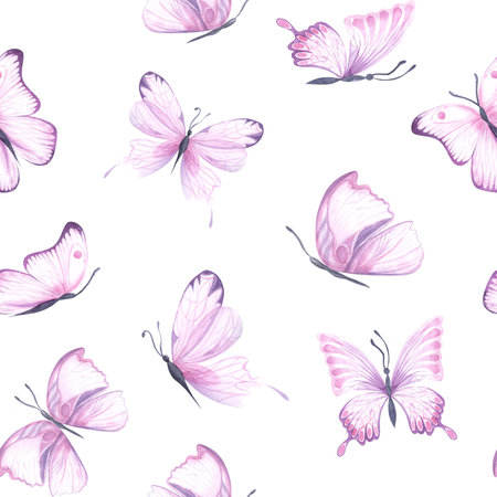 Seamless pattern with pink bright watercolor butterflies on white backdrop. Hand drawn insects design ideal for fabric textile or scrapbooking, paperの写真素材