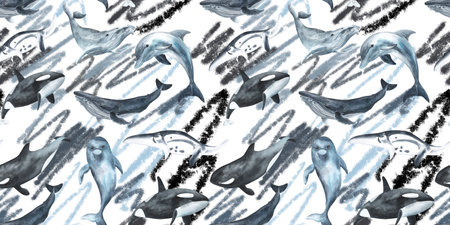 Seamless pattern. Repeating texture with marine mammals. Watercolor illustration. Dolphin, killer whale, humpback whale. Hand drawn isolated on a white background. Textile, fabric, wallpaperの写真素材