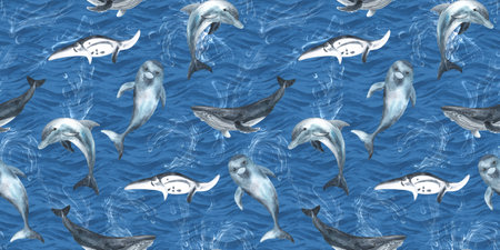 Dolphins and Whales watercolor, nature background, seamless pattern. Hand drawn illustration. For fabric, textile, wallpapers, design.の写真素材