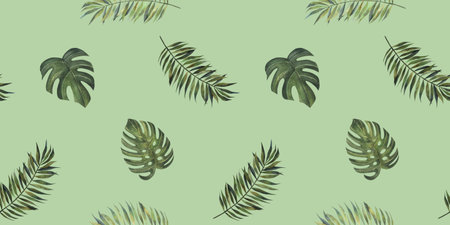 Tropical leaves. Monstera, strelitzia, palms. Watercolor seamless pattern.